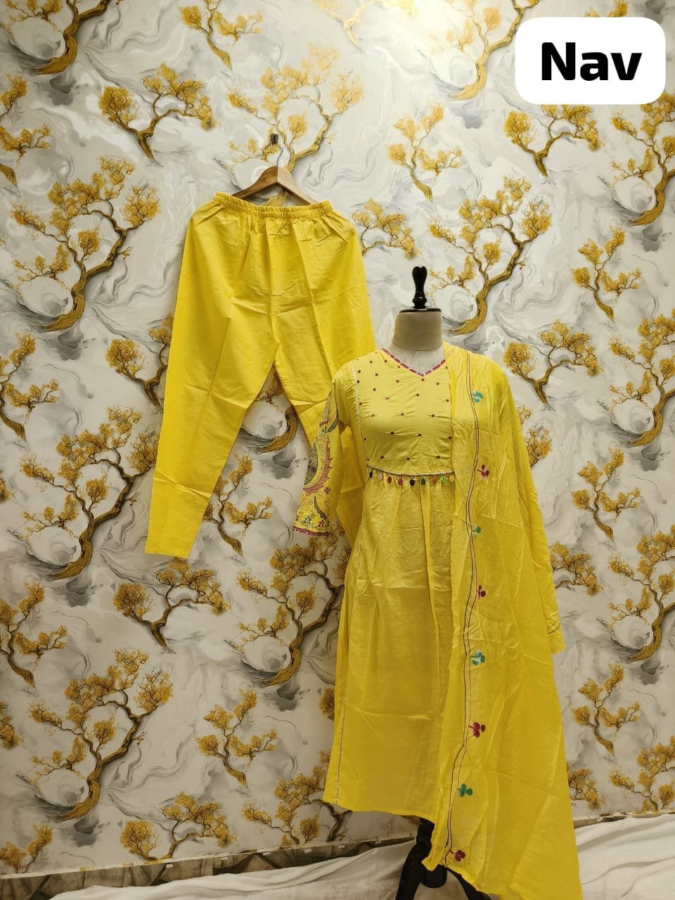 Yellow Embroidered Cotton Kurti Pant Chanderi Dupatta Set